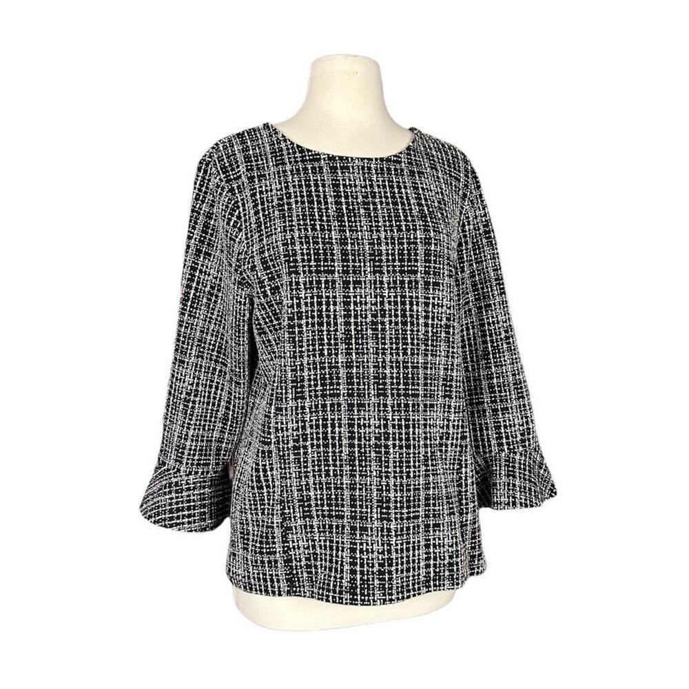 Talbots Textured Bell Sleeve Blouse Top Black White Size Large L